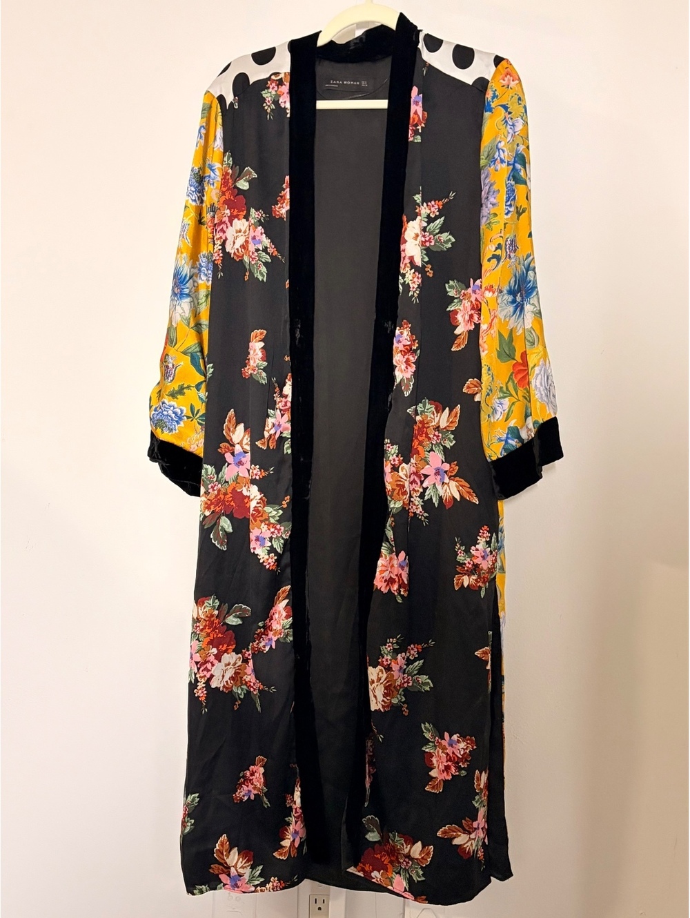 Zara Woman Silk Floral Kimono Robe Velvet Trim Long Duster Size S